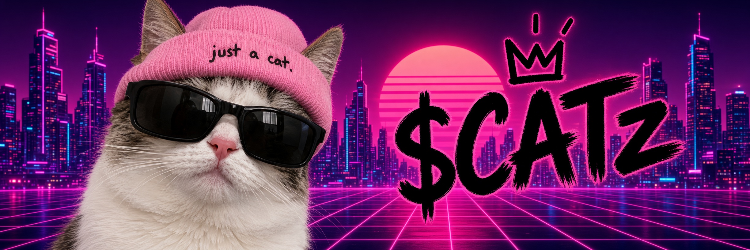 CATZ in a pink cap and dark shades against a neon Arc skyline